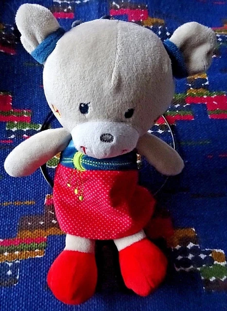 Cb/ Doudou Peluche Ours Nicotoy Robe Rouge Bleu Pois Lune 23 Cm Etat Neuf