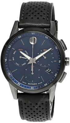 Movado Museum 43Mm Ss Blue Dial Black Leather Men's Watch 0607475