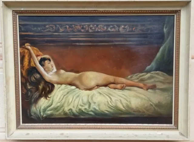 Quadro olio su tela cm 80 x 60, nudo, '900, firmato Benzi, Giulio Benzi (attr.)