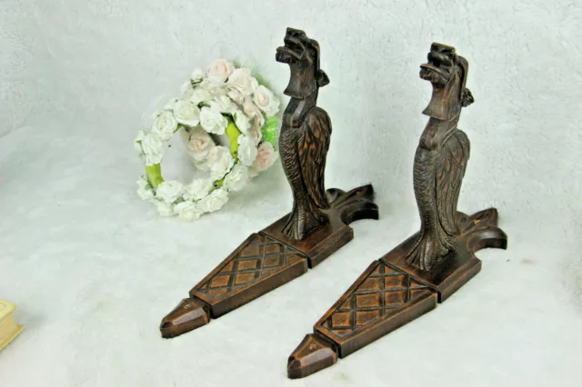 Antique French PAIR wood carved castle gothic dragon gargoyle Wall lights sconce