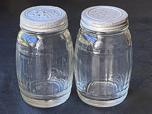 Hoosier Cabinet Ribbed Glass Salt and Pepper Shakers 4-1/4" tall Aluminum Tops