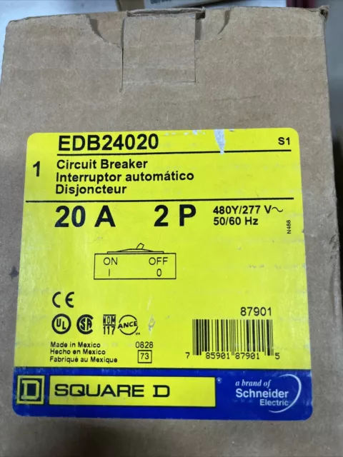 Square D EDB24020 2 Pole 20 Amp 480Y/277 Vac Circuit Breaker **NEW**