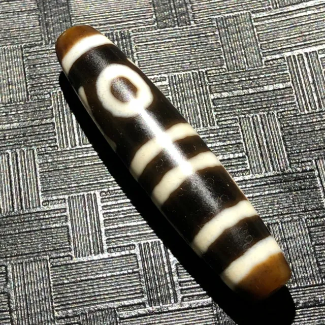Magical Tibetan Old Agate Ivory Color Double Heaven&Earth Totem dZi Bead12*56mm