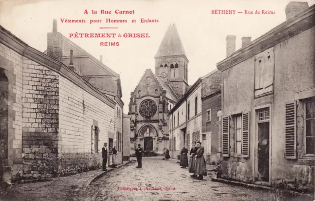 CPA 51 BETHENY Rue de REIMS with pub A la rue carnot PETREMENT & GRISEL (Rare)