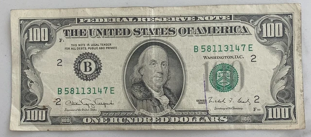 $100 ONE HUNDRED DOLLAR BILL - Old / Vintage 1990 Series - B District