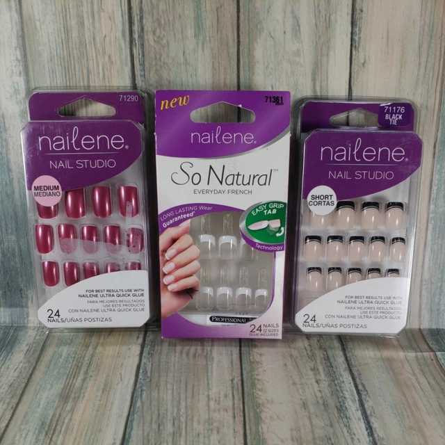 Lot of 3 Nailene Fake Nails Assorted French Solid Color Manicure Kit #154