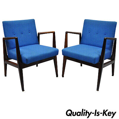 Pair Jens Risom Rosewood Mid Century Modern Blue Fabric Lounge Chair Armchairs