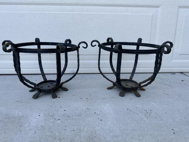 Vintage Pair of Large Black Wrought Iron Scroll Plant Stands Pot Planters