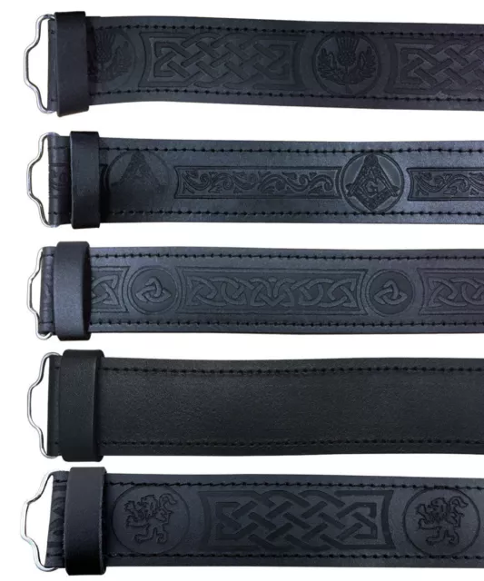 TC Scottish Black Leather Belt Masonic, Thistle Plain Kilt Belts without Buckle