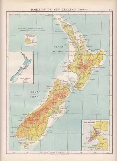 1923 Map ~ Dominion Of New Zealand Physical ~ Inset Annual Rainfall Antipodes