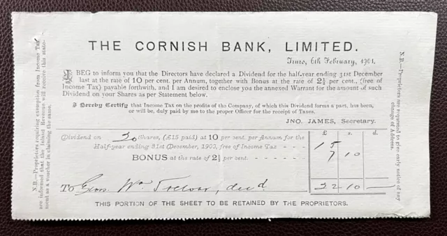 1901 The Cornish Bank Ltd, Truro Dividend Receipt