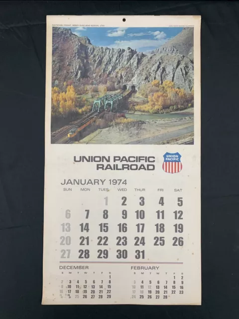 Vintage 1974 Union Pacific Railroad Color Photo Complete Wall Hanging Calendar