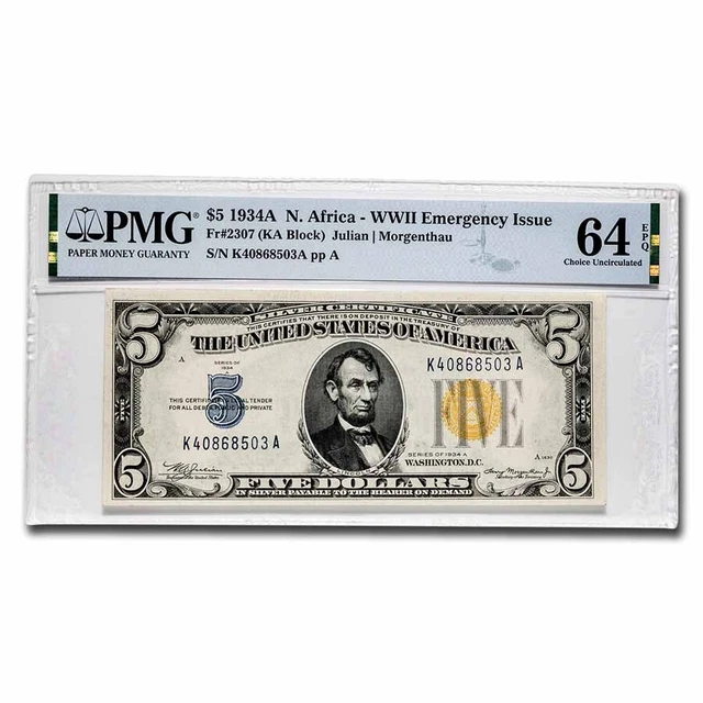 1934-A $5 Yellow Seal North Africa CU-64 EPQ PMG (Fr#2307) - SKU#236114