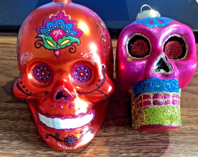 Set of 2 Day of the Dead Glass Sugar Skulls Ornaments Orange Pink Glitter