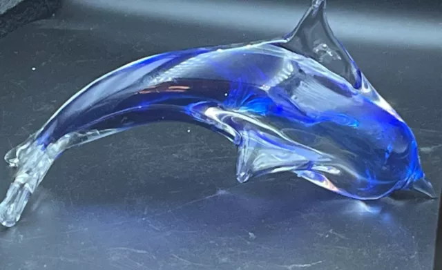 Hand Blown Art Glass Dolphin Cobalt Blue Figurine Paperweight Decor Nautical 7”