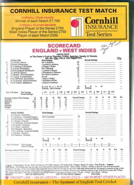 1991 Cricket scorecard - England v West Indies at The Oval