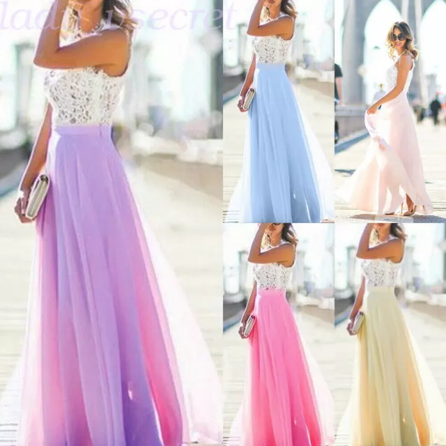 Long Chiffon Evening Formal Bridesmaid Party Ball Gown Prom Maxi Dress 8-18 Lace 3