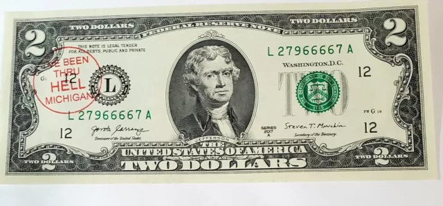 WOW  "666" Two Dollar Bill from Hell Michigan Uncirculated/Sequential