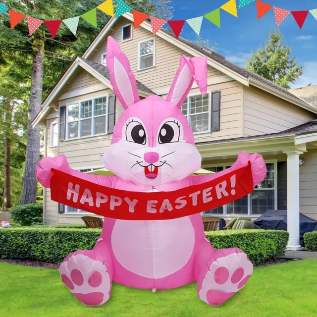 5 FT Easter Pink Bunny Inflatable Lighted Yard Decorations LED Blow up Rabbit