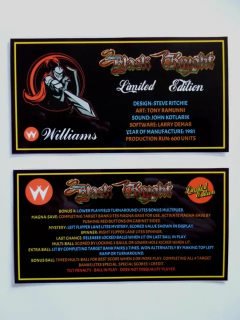 * * 'BLACK KNIGHT LTD ED' Williams 1981 Custom Instruction/Apron Cards * * (New)
