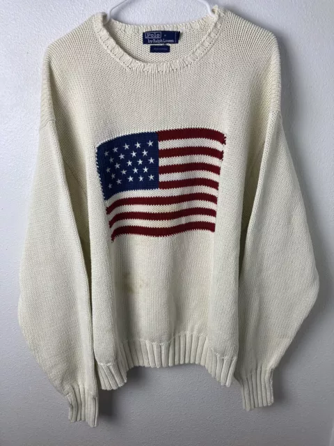 Vintage Polo Ralph Lauren American Flag Logo Men's XL Cream Knit Sweater 90s