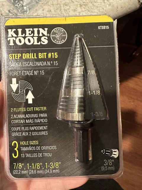 Klein Tools KTSB15 Step Drill Bit #15 3 Hole Sizes: 7/8”, 1-1/8”, 1-3/8” NEW