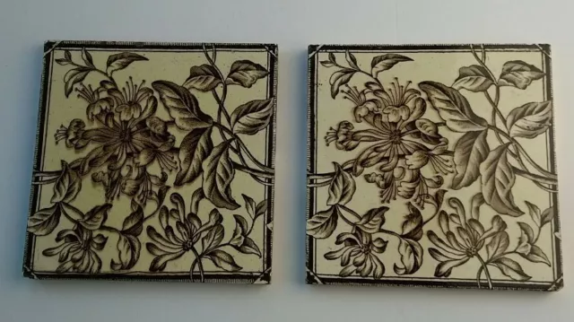 Antique Tile English Art Nouveau Flower Unbranded 6 inch Marked No 67 Pair