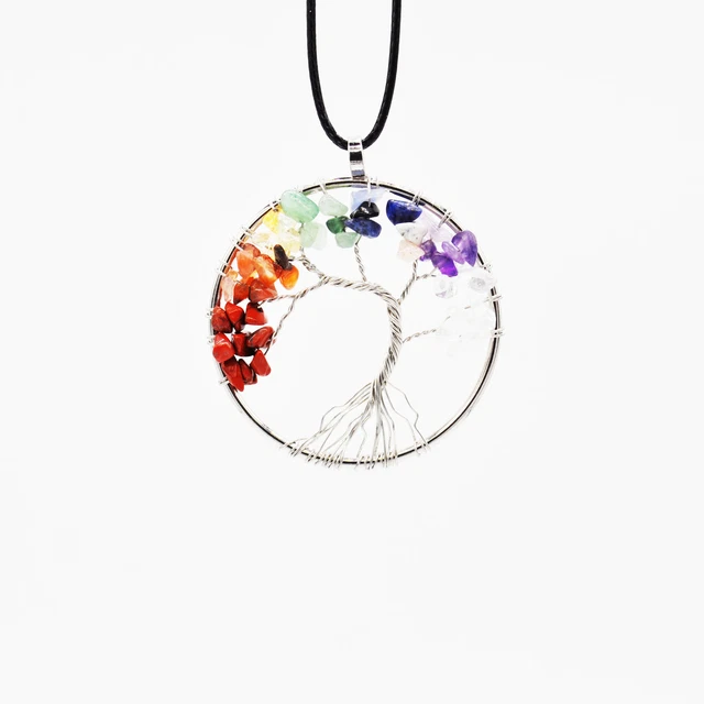 Natural Gemstone Tree of Life Pendant Necklace 7 Chakra Healing Crystal Charm 3