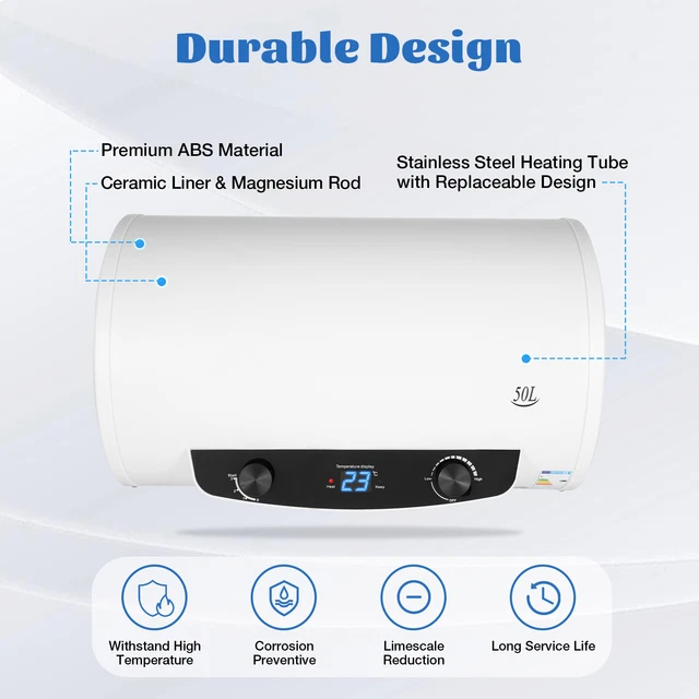 50L Electric Storage Hot Water Tank Heater Horizontal Boiler +Hand Shower 30-75℃