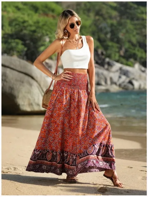Womens Bohemian Floral Skirt High Waist Party Holiday Beach Long Maxi Dress  Plus