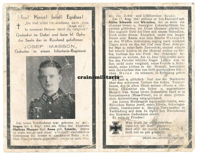 Orig. Sterbebild 306.ID Grenadier ° Büllingen Belgien + Mius Russland 1943