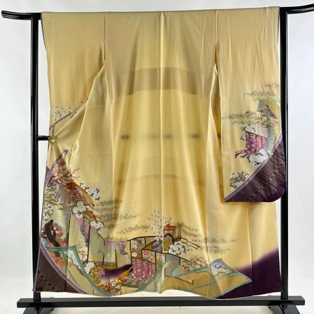 Japanese Kimono Furisode Pure Silk Princess Blackberry Lily Gold Paint Beige
