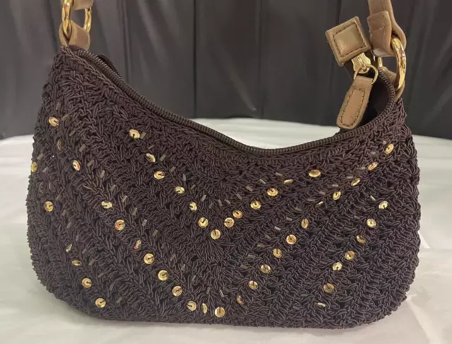 Amanda Smith Brown Crochet Gold Sequin Purse/ 3 inside pockets/ 1 zipper