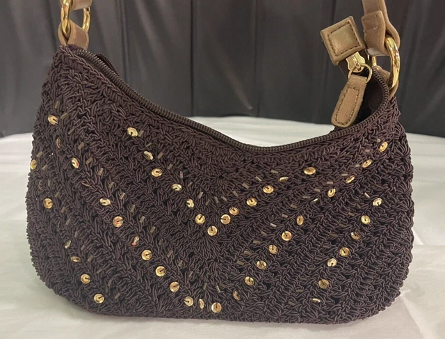 Amanda Smith Brown Crochet Gold Sequin Purse/ 3 inside pockets/ 1 zipper