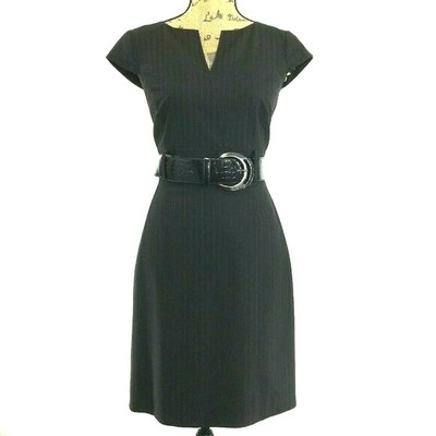 Antonio Melani 6 Dress Black White Pin Stripe Wide Belt Sheath Cap Sl V Neck