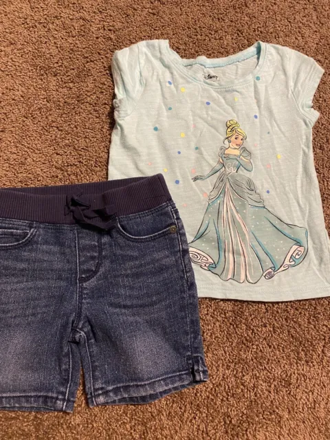 Disney Jumping Beans Princess Shirt Glitter Size 2T & Denim Shorts 2 Pc Set Girl
