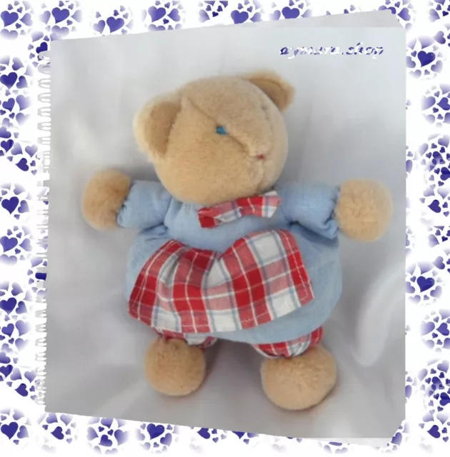 Doudou Peluche Ours Marron Robe Bleu Carreaux Rouge Blanc Jacadi 17 cm