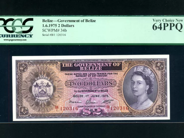 Belize(British Honduras):P-34b,2$,1975 * Queen Elizabeth * PCGS Ch. UNC 64 PPQ *