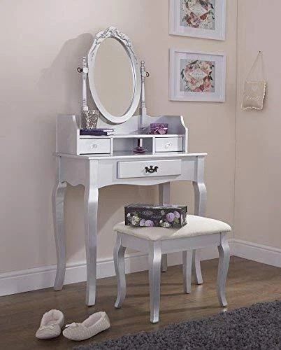- Sgabello imbottito stile vintage argento specchio ovale