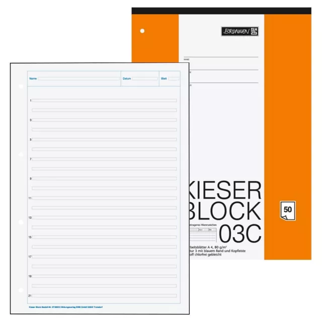 3x Brunnen Kieser-Block A4 Lineatur 3 mit 50 Blatt liniert 03C für 3. Klasse