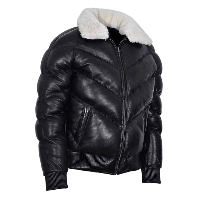 Men's V-Bomber Sheep Leather Puffer Jacket with Real Shearling Fur Collar Jacket