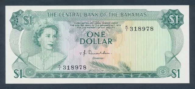 Bahamas: 1974 $1 Sig Donaldson QEII. Pick 35a UNC Lt handling Cat $113+ SCARCE!