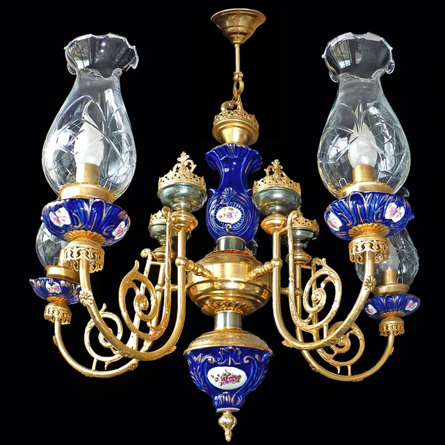 French Empire Gilt Brass Blue Limoges Porcelain and Cut Crystal Glass Chandelier