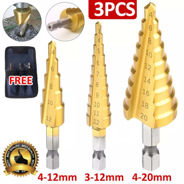 3pcs HSS Step Drill Bit Set Large Cone Titanium Bit Kit Metal Hole Cutter +Pouch