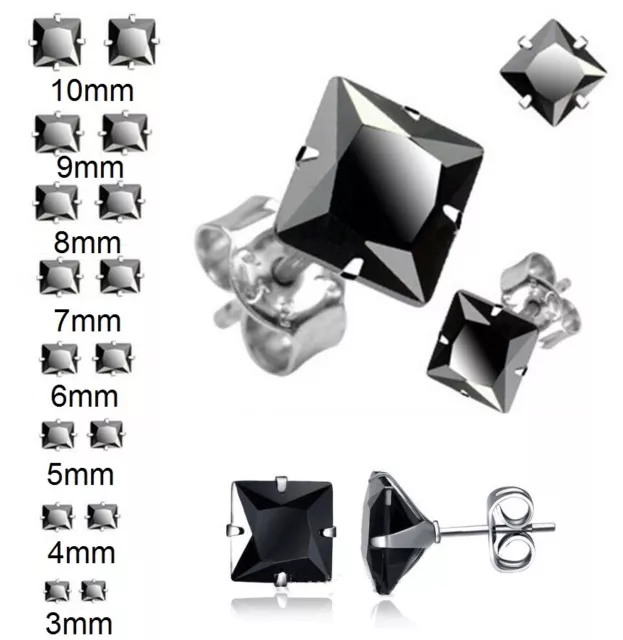 Pair Womens Mens Earrings Cubic Zirconia Square Black Stainless Steel CZ Stud