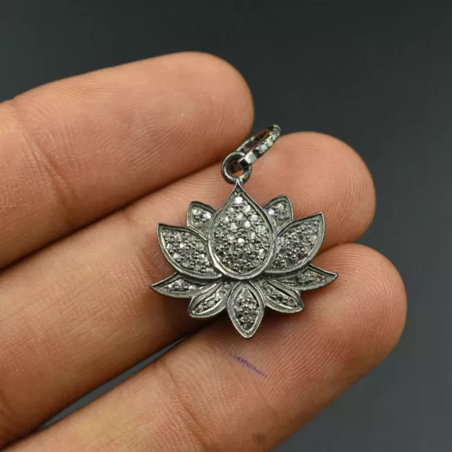 Pave Diamond Lotus Flower Pendant 925 Sterling Silver Designer Pendant Jewelry