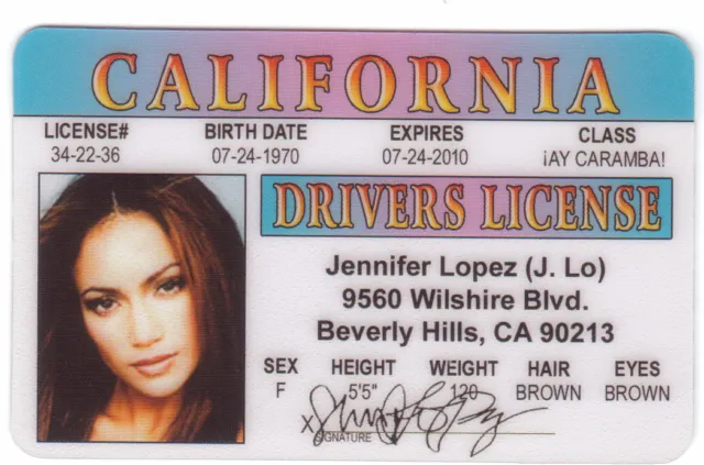 Jennifer Lopez , j lo Jenny from the Block novelty id card Drivers License mark