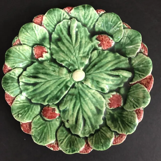 Majolica Pottery Strawberry and Leaf Plate 6.5" Green Red Small Antique Vtg Art