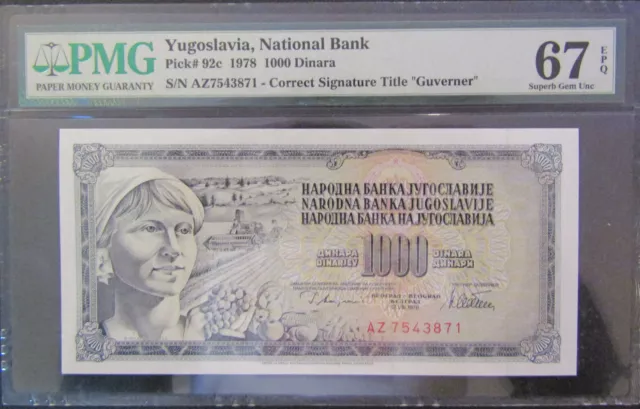 Yugoslavia 1000 Dinara 1978 P92c Uncirculated PMG 67 Superb GEM UNC