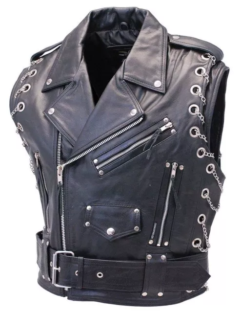 Men's Genuine Cow Leather Heavy Buckled Rocker Biker Motorcycle Vest Waist SOA